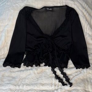 Vintage Bali Women’s Elegant Black Ruffle Sheer Blouse Med Girlsnight Layer Y2K